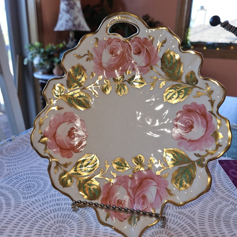 Antique Saxe Germany Hand Painted Pink Roses Gold Trim Porcelain Numbered Dish